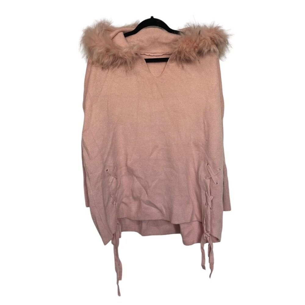 Women's Pink V-Neck Pullover Fuzzy Hooded Oversized Sweater Size S/M